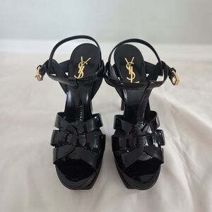 Saint Laurent Tribute Platform Sandals In Patent Leather Black